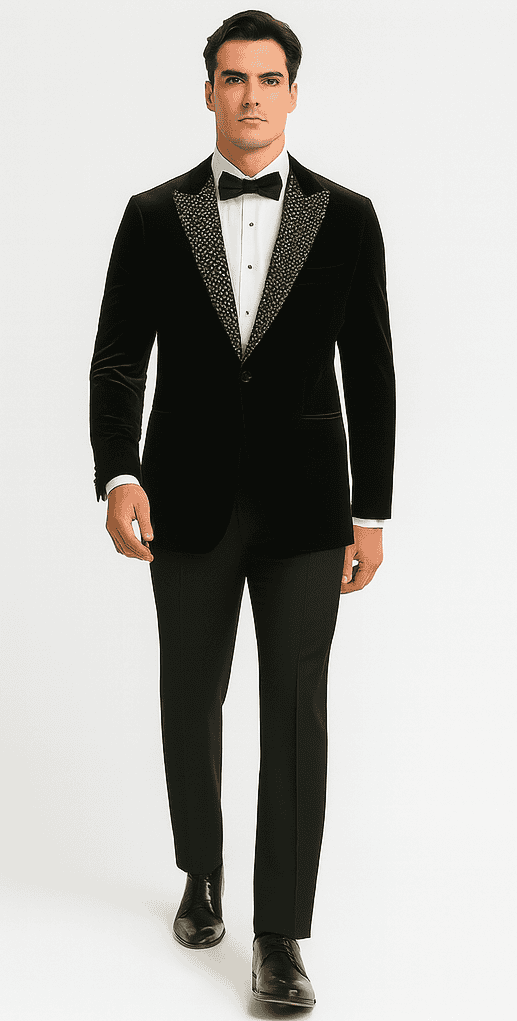 Black velvet blazer with notched lapel, textured collar, and single-button closure. Tall fit, two front pockets.
