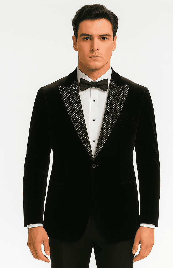 Luxurious black velvet blazer. Single-button closure, peak lapel with polka-dot detail. Designed for big and tall. Soft, opulent material.
