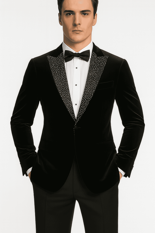 Black velvet blazer, big and tall fit. Tailored with a smooth, textured surface. Embellished shawl collar for a formal look.
