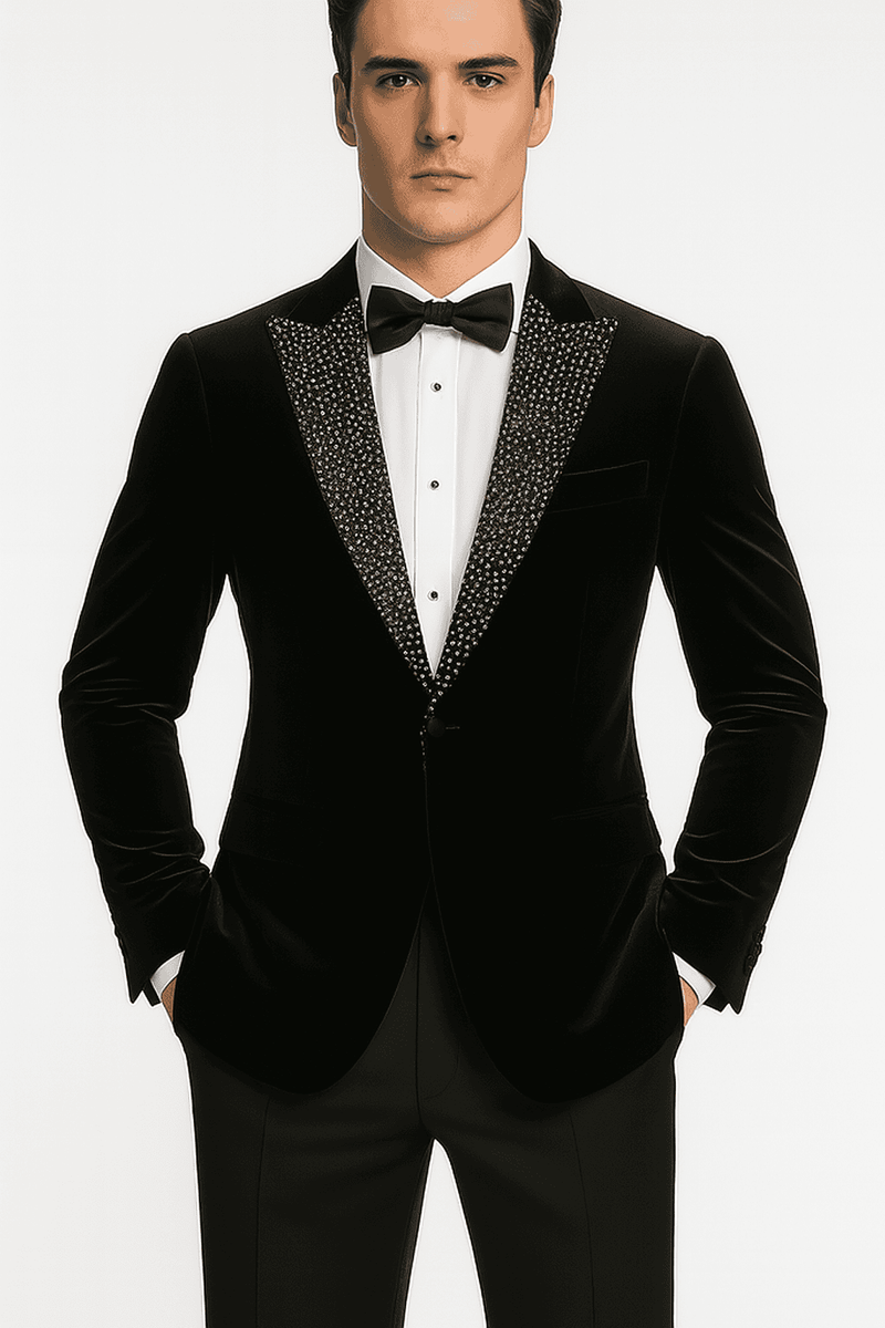 Black velvet blazer, big and tall fit. Tailored with a smooth, textured surface. Embellished shawl collar for a formal look.
