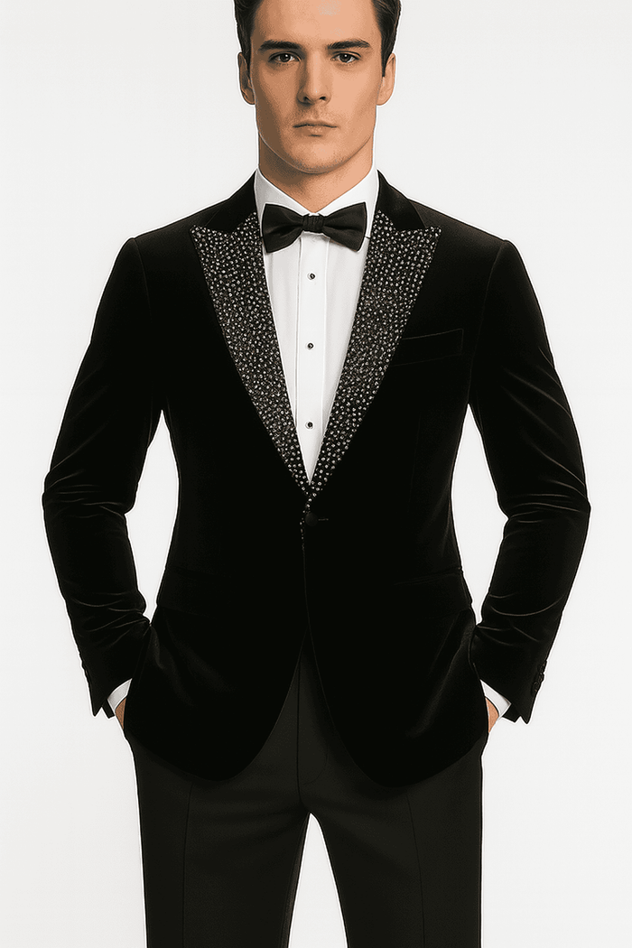 Black velvet blazer, big and tall fit. Tailored with a smooth, textured surface. Embellished shawl collar for a formal look.
