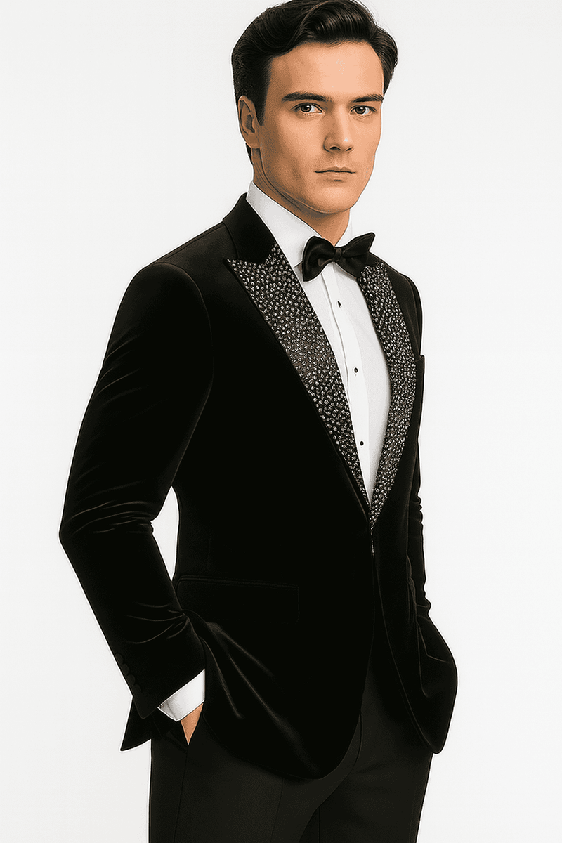 Black velvet blazer. Structured fit, peak lapels, decorative shawl collar. Smooth, glossy finish. Suitable for formal events. Big and tall sizes available.
