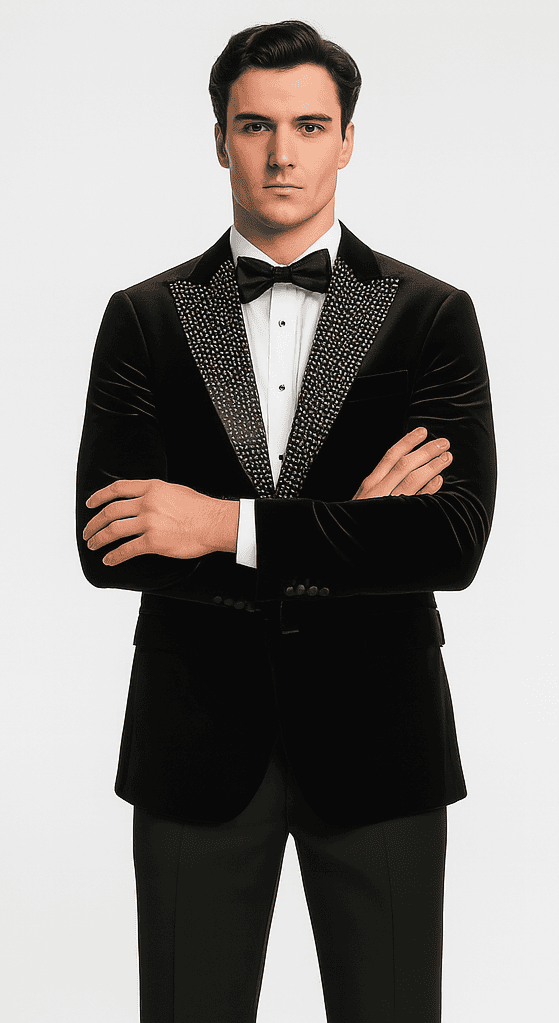Elegant black velvet blazer. Structured fit, shawl collar, and decorative front elements. Single-button closure, two front pockets. A sophisticated and timeless piece.
