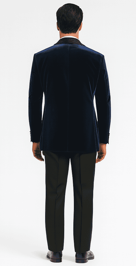 Stacy Adams big & tall blue velvet blazer. Long, tailored fit with plush texture and a clean back silhouette, single vent, and lightly padded shoulders.
