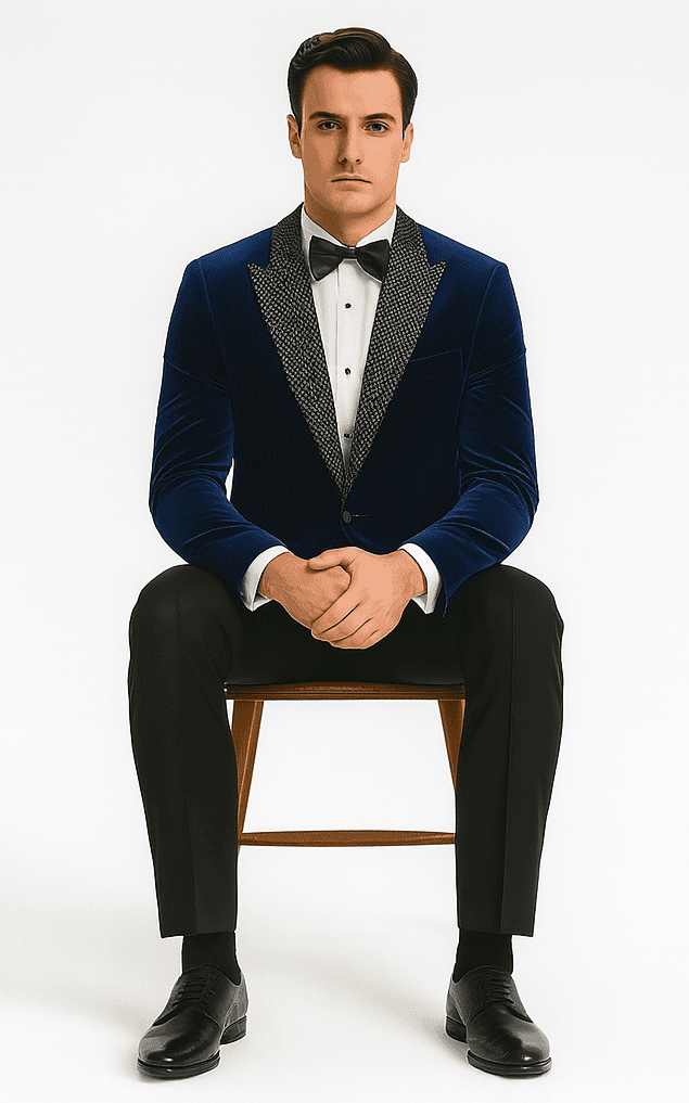 Blue velvet blazer with textured black lapel. Designed for big & tall, tailored fit. Single-button closure, visible pockets. Structured and stylish.
