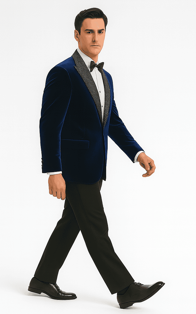 Blue velvet big and tall blazer with a tailored fit. Black lapel, soft textured fabric, and two front pockets. A stylish, comfortable choice.
