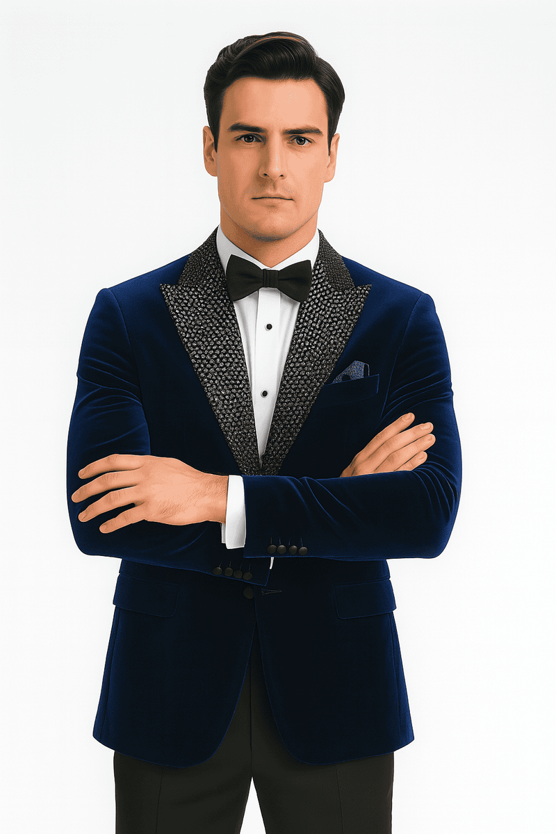 Stacy Adams big & tall velvet blazer: deep blue with black sparkly shawl collar. Single-button, two pockets, and button sleeve details. Structured, tailored fit in soft velvet; ideal for formal wear.
