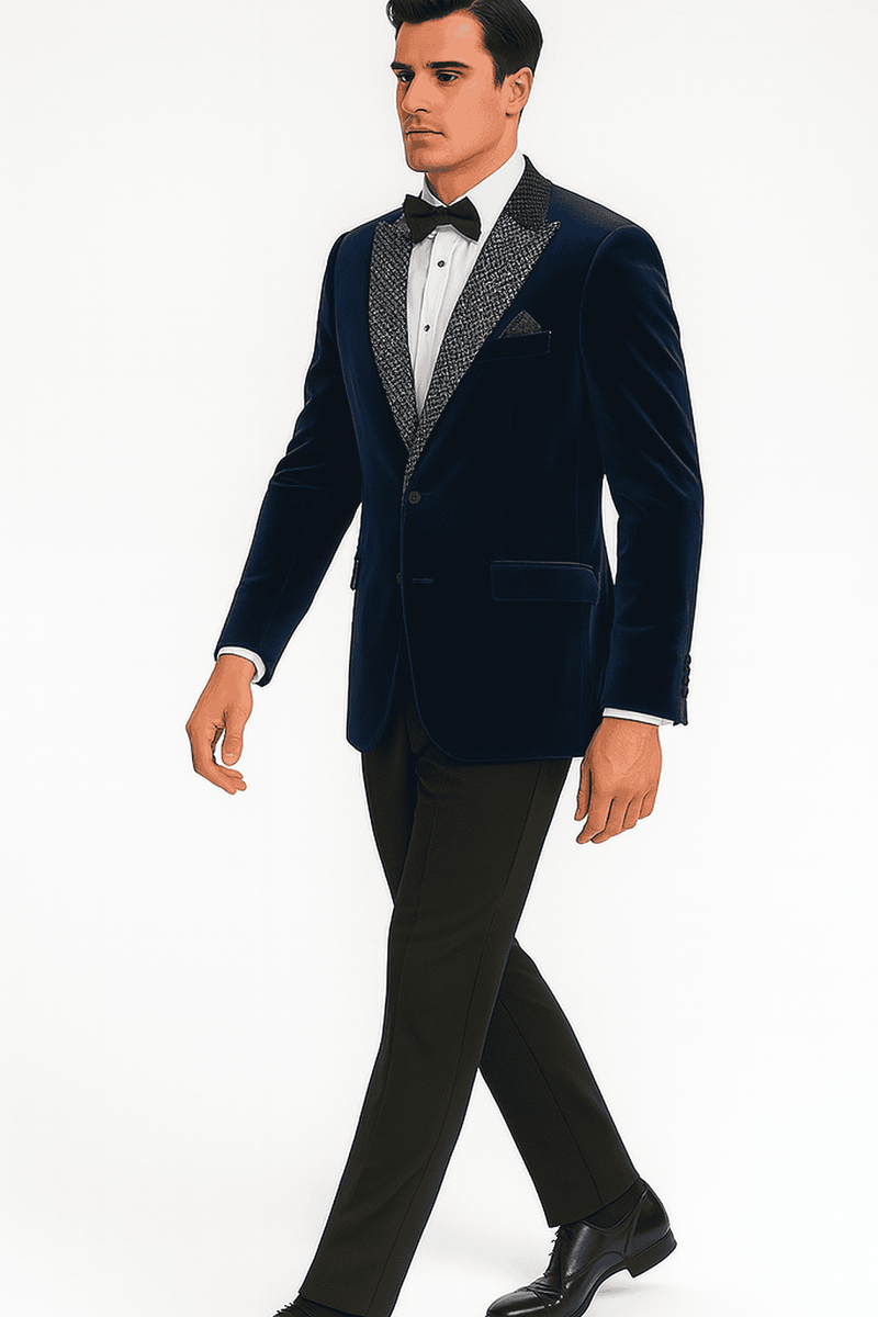 Stacy Adams big & tall blue velvet blazer. Single-breasted, notched collar, soft textured velvet. Contrasting patterned lapel, front pockets with handkerchief detail, buttoned sleeves, tailored fit.
