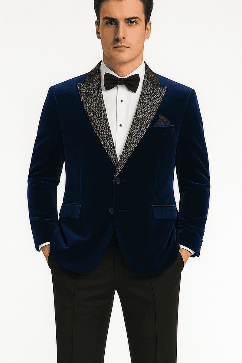 Blue velvet blazer. Structured, tall, shawl collar. Single-breasted, side pockets. Soft, plush material for a luxurious look.
