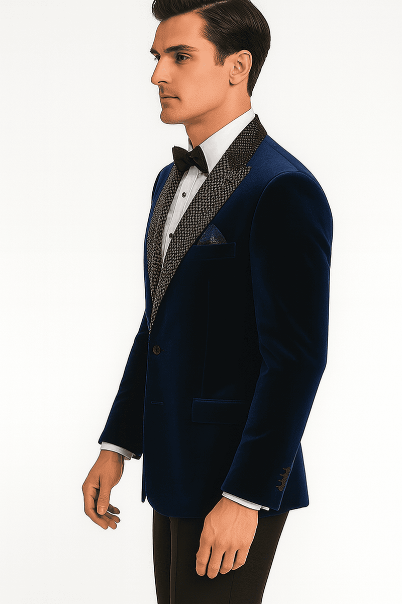 Blue velvet blazer, big & tall. Black patterned shawl lapel, single-button closure, structured shoulders, side pockets. Luxurious and statement-making.
