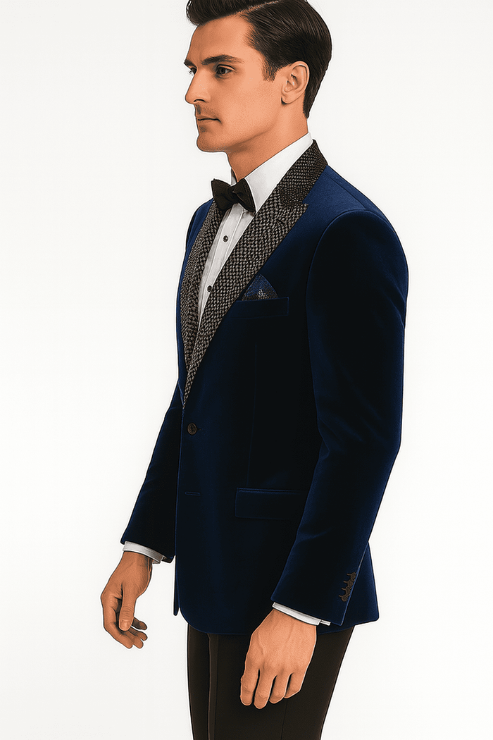 Blue velvet blazer, big & tall. Black patterned shawl lapel, single-button closure, structured shoulders, side pockets. Luxurious and statement-making.
