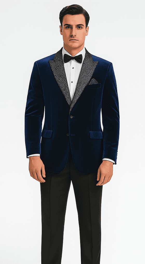 Blue velvet blazer with black shawl lapel and single-button closure. Includes two front pockets, and a pocket square. Designed for big and tall sizes.

