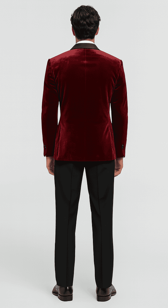 Red velvet big & tall blazer. Structured silhouette, single vent, smooth texture. Black collar, two-button closure, tailored sleeves. Solid color, no patterns.
