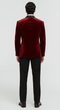 Red velvet big & tall blazer. Structured silhouette, single vent, smooth texture. Black collar, two-button closure, tailored sleeves. Solid color, no patterns.
