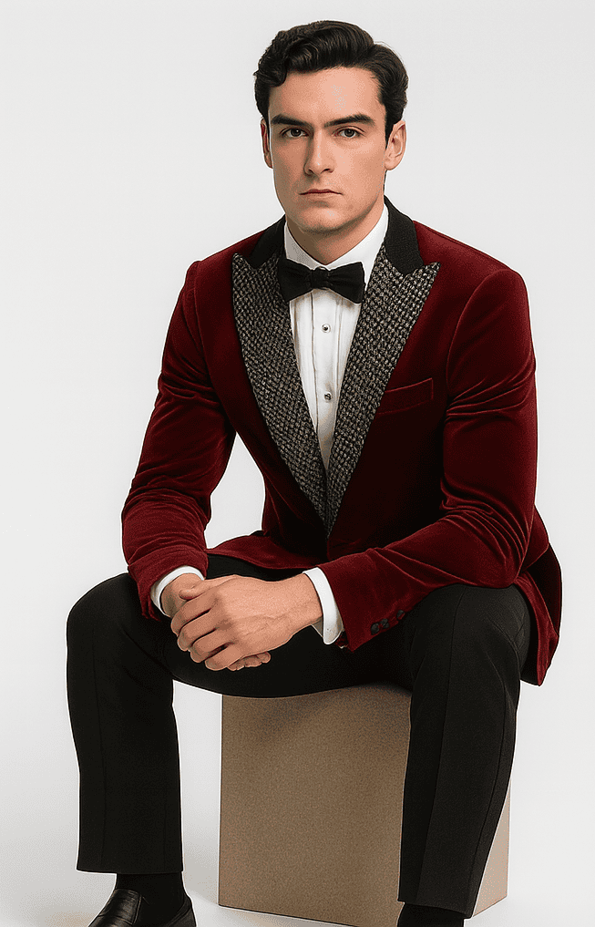 Red velvet blazer. Tailored fit, rounded lapel, single pocket. Contrasting patterned collar. Soft, plush texture. Structured shoulders, long sleeves with button cuffs. Deep red hue.
