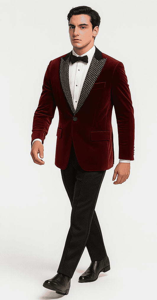 Red velvet blazer. Single-button, notch lapel. Black patterned collar accents, two front pockets. Designed for big and tall.
