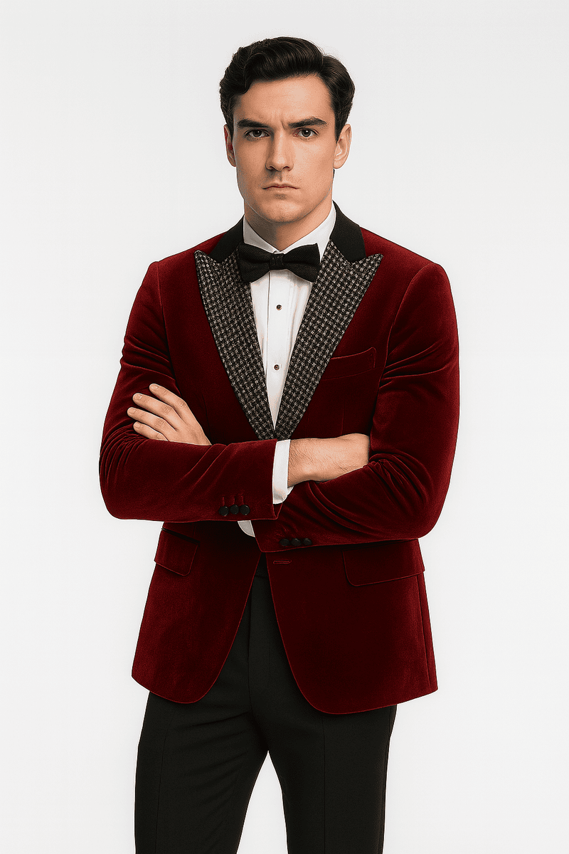 Red velvet big & tall blazer. Fitted, single-breasted with black lapel & textured rear collar. Soft, plush material.
