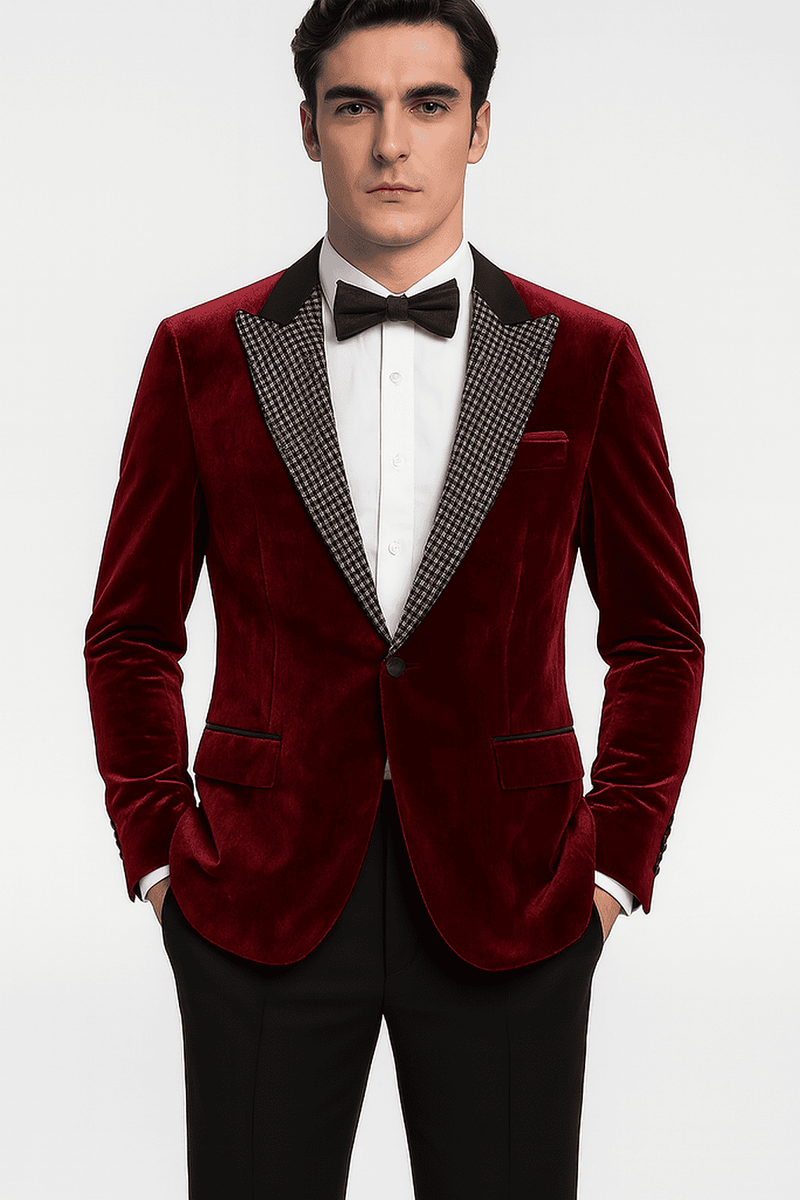 Big & tall red velvet blazer. Slim fit, single-button closure, checked notch lapel, two pockets. Luxurious, smooth fabric in a rich red hue.
