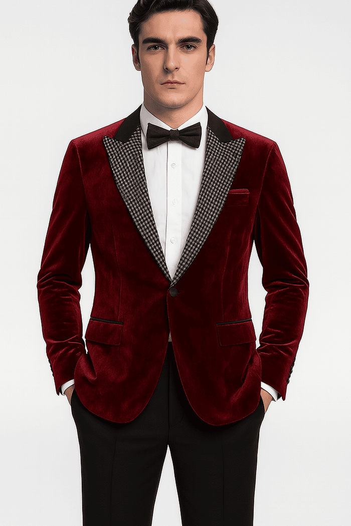 Big & tall red velvet blazer. Slim fit, single-button closure, checked notch lapel, two pockets. Luxurious, smooth fabric in a rich red hue.
