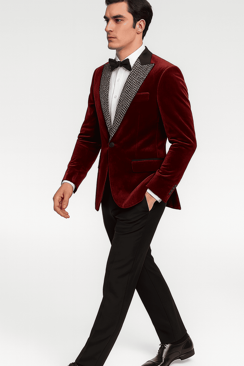 Red velvet big & tall blazer. Notched lapel with contrasting fabric. Single-button closure, side pockets. Plush velvet, structured silhouette.
