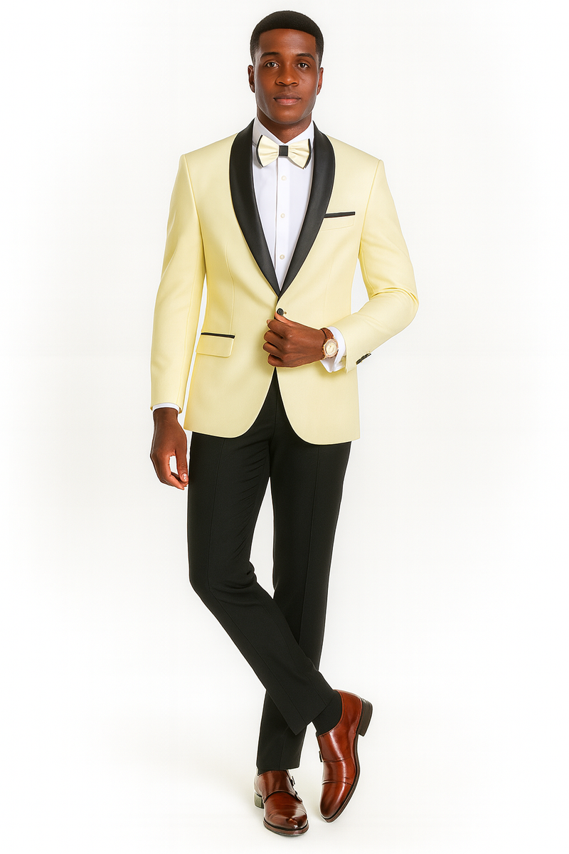 Yellow jacket with black lapels & pocket detail, paired with black pants. Includes single-button closure. Worn with white shirt & matching bowtie. Designed for big & tall.
