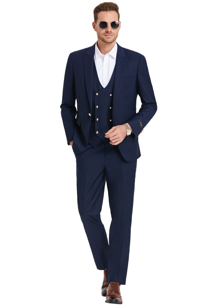 "Navy Men's Vested Suit with Gold Buttons - One Button Peak Lapel"