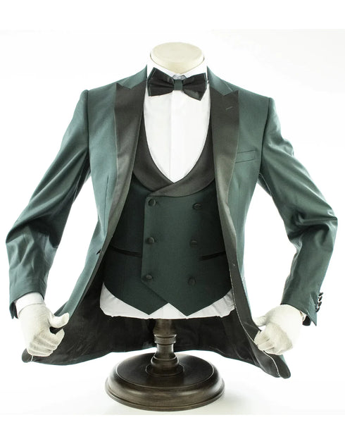 Black and Green Suit Mens 2 Button Peak Lapel Prom Tuxedo with Double Breasted Vest in Hunter Green - AlbertoNardoniStore