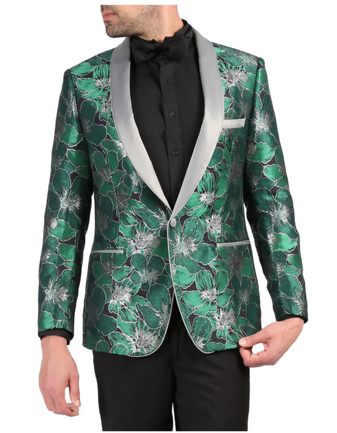 Black and Green Suit Mens One Button Floral Tuxedo Dinner Jacket in Green & Silver - AlbertoNardoniStore