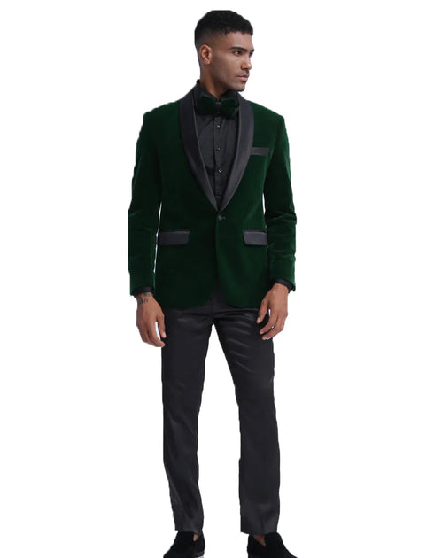 Black and Green Suit Mens Velvet Shawl Tuxedo Dinner Jacket in Hunter Green - AlbertoNardoniStore