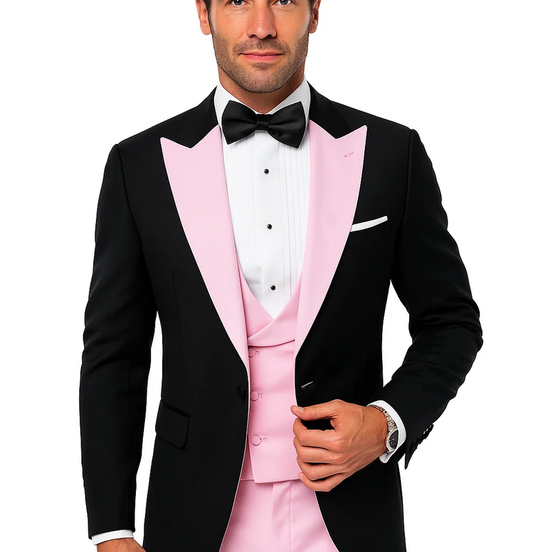 Black wool tuxedo with peak lapel & pink double-breasted vest. 100% wool, structured form. White shirt, bow tie. Smooth lines.