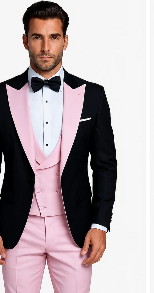Black & pink tuxedo suit. Double-breasted vest with peak lapels. Made of 100% wool. Sharp color contrast.
