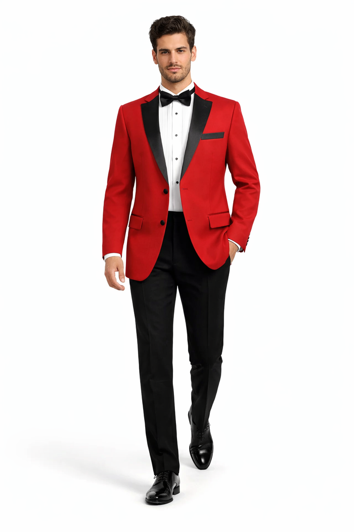 Black and Red Suit Mens 2 Button Contrast Notch Lapel Tuxedo in Red