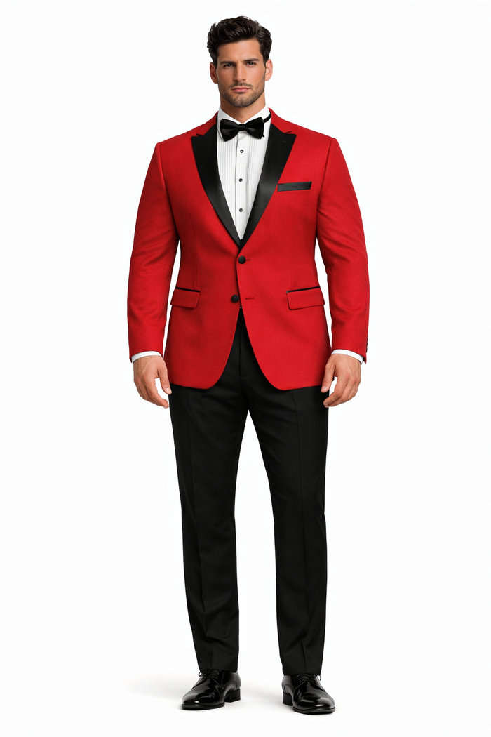Black and Red Suit Mens 2 Button Contrast Notch Lapel Tuxedo in Red