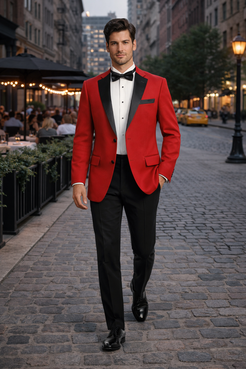 Black and Red Suit Mens 2 Button Contrast Notch Lapel Tuxedo in Red
