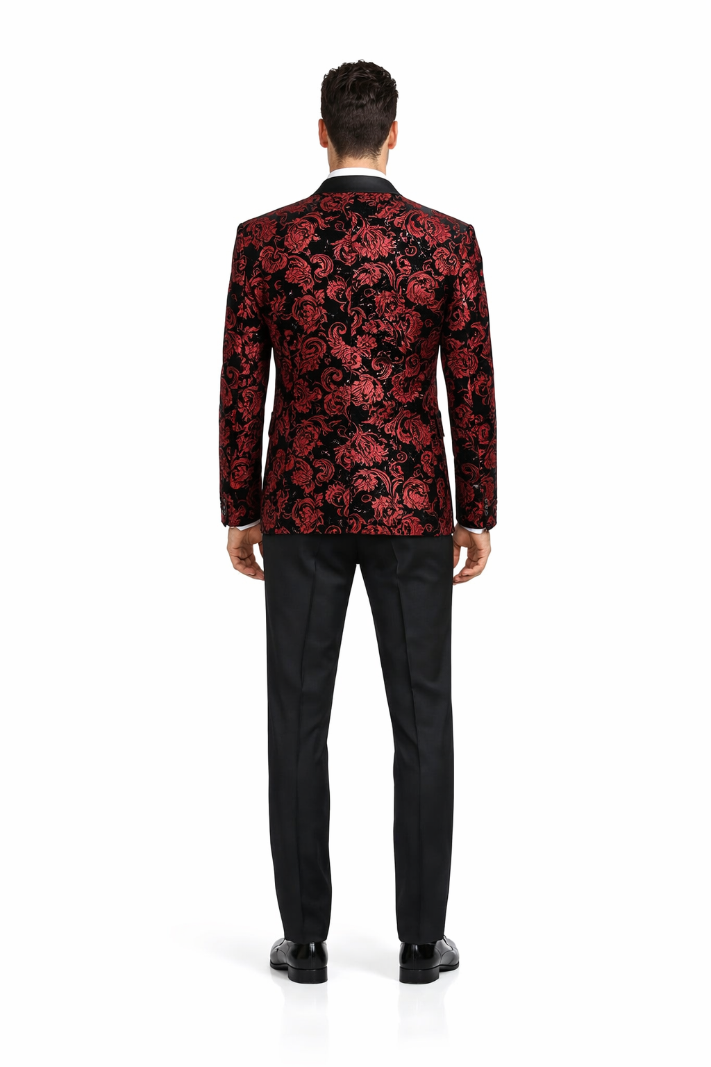 Black and Red Suit Men's Modern Fit Velvet Floral Paisley Foil Tuxedo Jacket in Red & Black