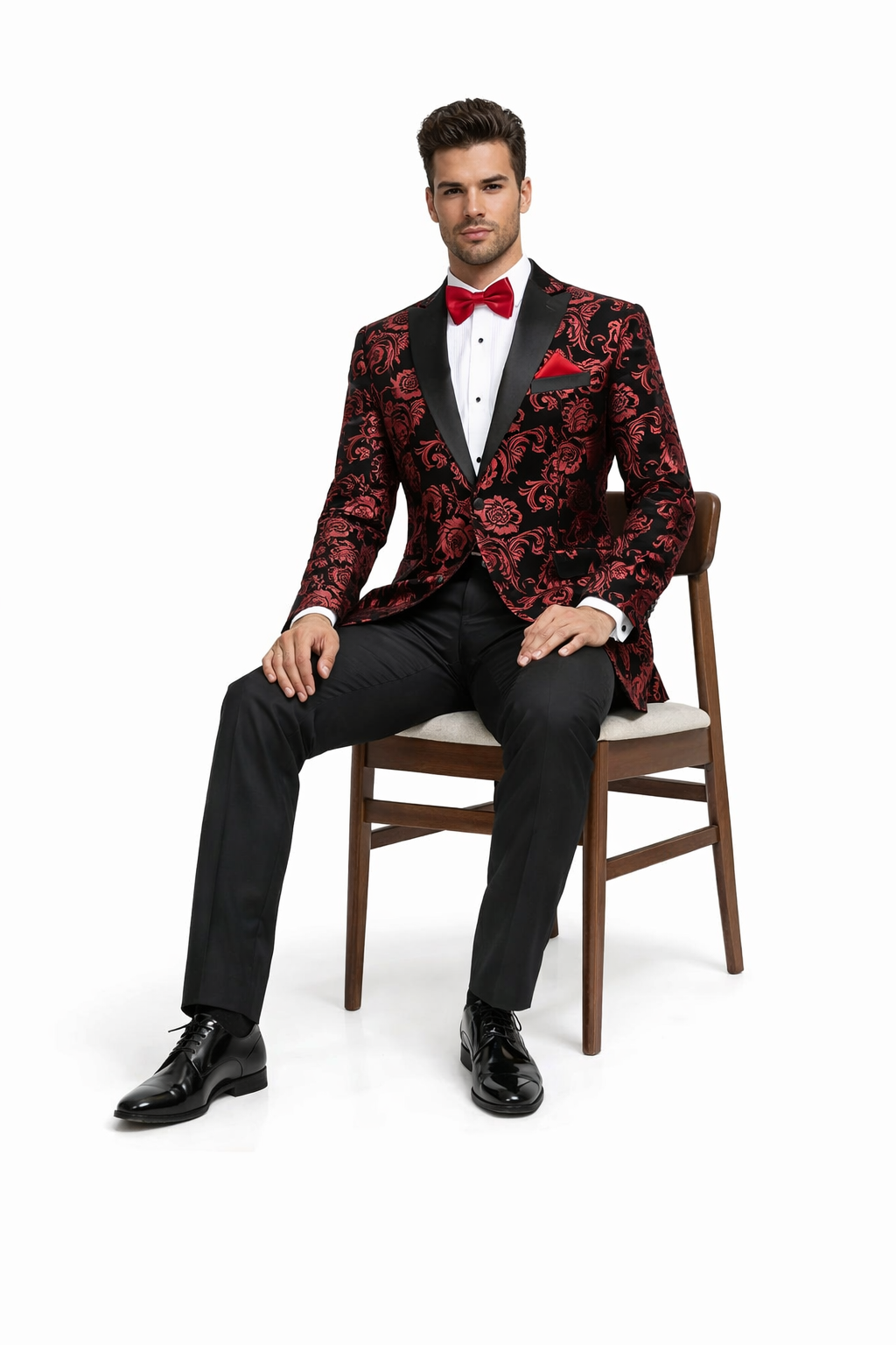 Black and Red Suit Men's Modern Fit Velvet Floral Paisley Foil Tuxedo Jacket in Red & Black