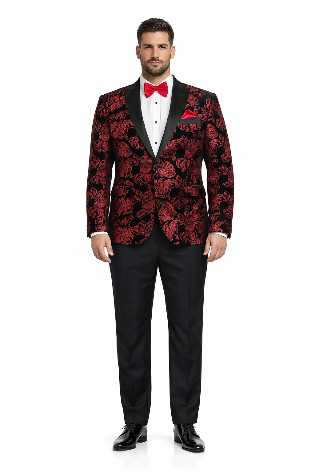 Black and Red Suit Men's Modern Fit Velvet Floral Paisley Foil Tuxedo Jacket in Red & Black