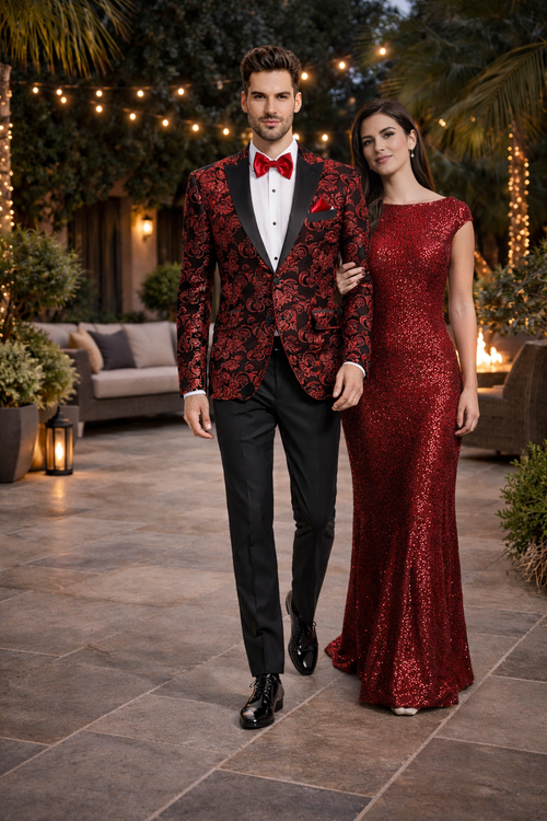 Black and Red Suit Men's Modern Fit Velvet Floral Paisley Foil Tuxedo Jacket in Red & Black