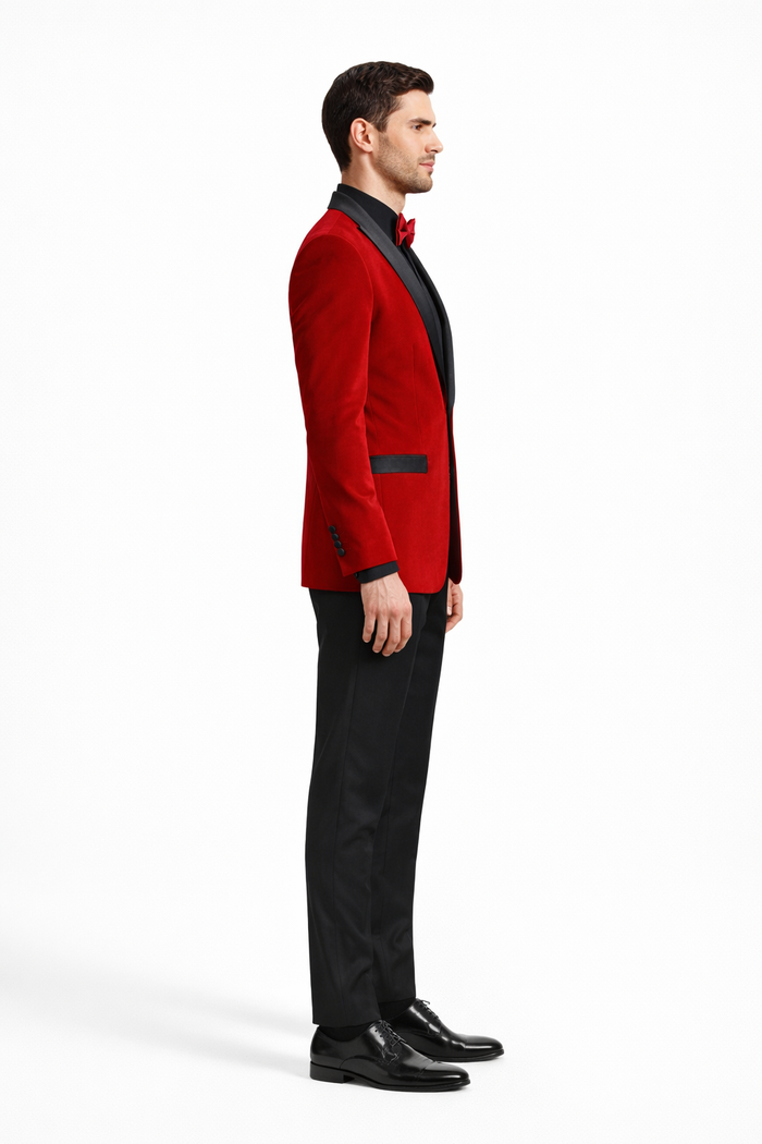 Black and Red Suit Men's Slim Fit Shawl Lapel Velvet Wedding & Prom Tuxedo Jacket in Red