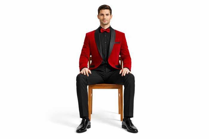 Black and Red Suit Men's Slim Fit Shawl Lapel Velvet Wedding & Prom Tuxedo Jacket in Red