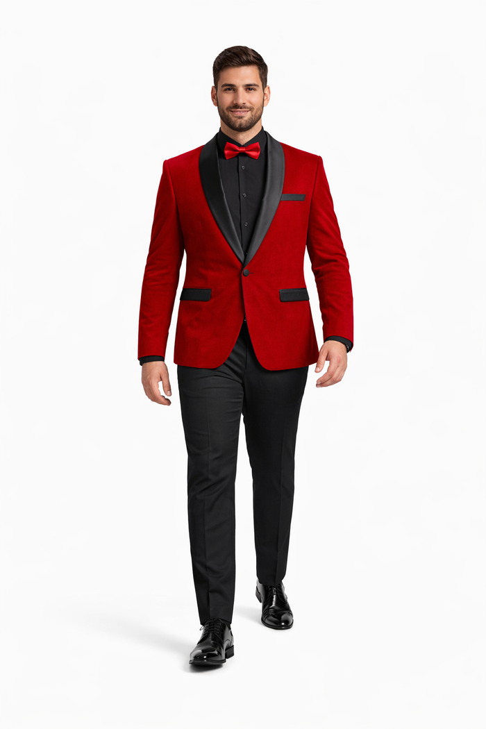Black and Red Suit Men's Slim Fit Shawl Lapel Velvet Wedding & Prom Tuxedo Jacket in Red