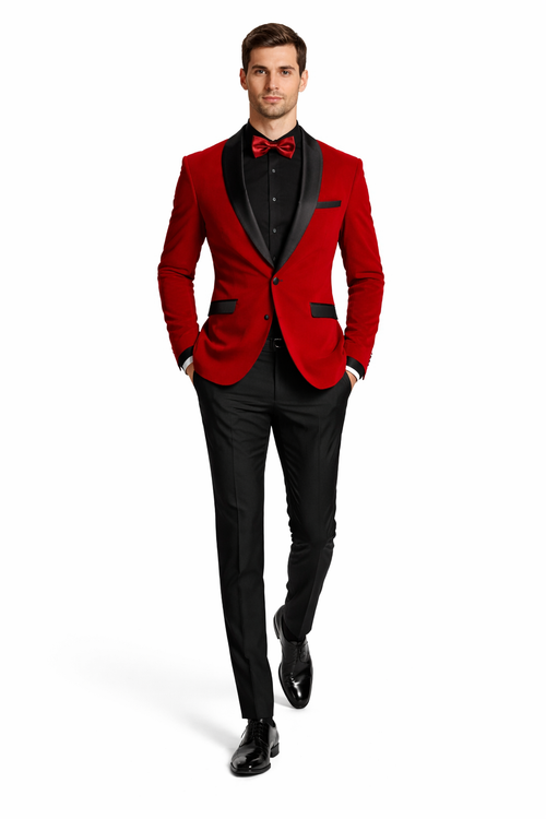 Black and Red Suit Men's Slim Fit Shawl Lapel Velvet Wedding & Prom Tuxedo Jacket in Red | Alberto Nardoni Black and Red Suit Men's Slim Fit Shawl Lapel Velvet Wedding & Prom Tuxedo Jacket in Red | Alberto Nardoni