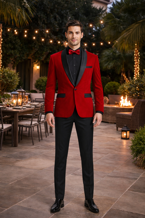 Black and Red Suit Men's Slim Fit Shawl Lapel Velvet Wedding & Prom Tuxedo Jacket in Red | Alberto Nardoni Black and Red Suit Men's Slim Fit Shawl Lapel Velvet Wedding & Prom Tuxedo Jacket in Red | Alberto Nardoni