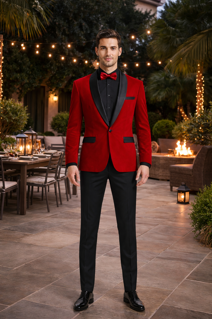 Black and Red Suit Men's Slim Fit Shawl Lapel Velvet Wedding & Prom Tuxedo Jacket in Red