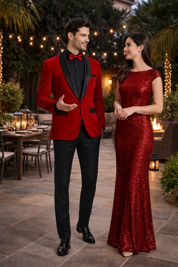 Black and Red Suit Men's Slim Fit Shawl Lapel Velvet Wedding & Prom Tuxedo Jacket in Red