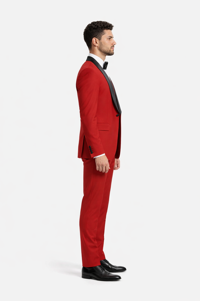 Black and Red Suit Men's Stacy Adams Vested One Button Shawl Lapel Designer Tuxedo in Red