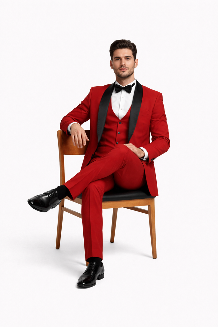 Black and Red Suit Men's Stacy Adams Vested One Button Shawl Lapel Designer Tuxedo in Red
