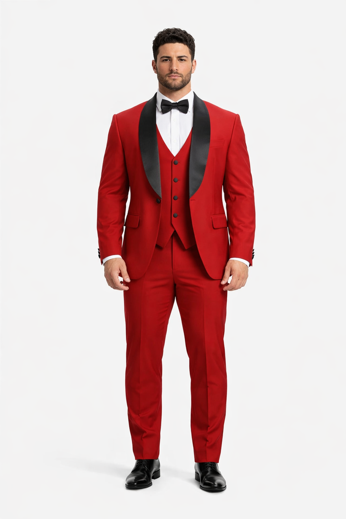 Black and Red Suit Men's Stacy Adams Vested One Button Shawl Lapel Designer Tuxedo in Red