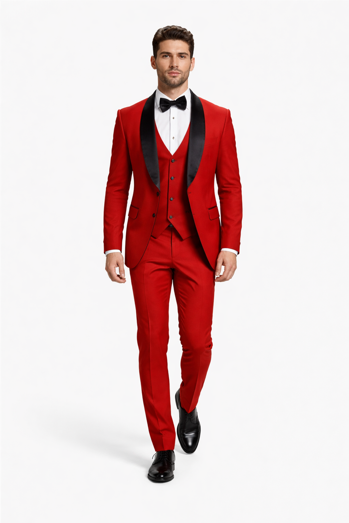 Black and Red Suit Men's Stacy Adams Vested One Button Shawl Lapel Designer Tuxedo in Red