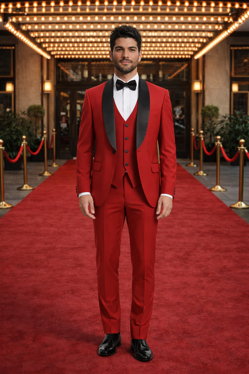 Black and Red Suit Men's Stacy Adams Vested One Button Shawl Lapel Designer Tuxedo in Red
